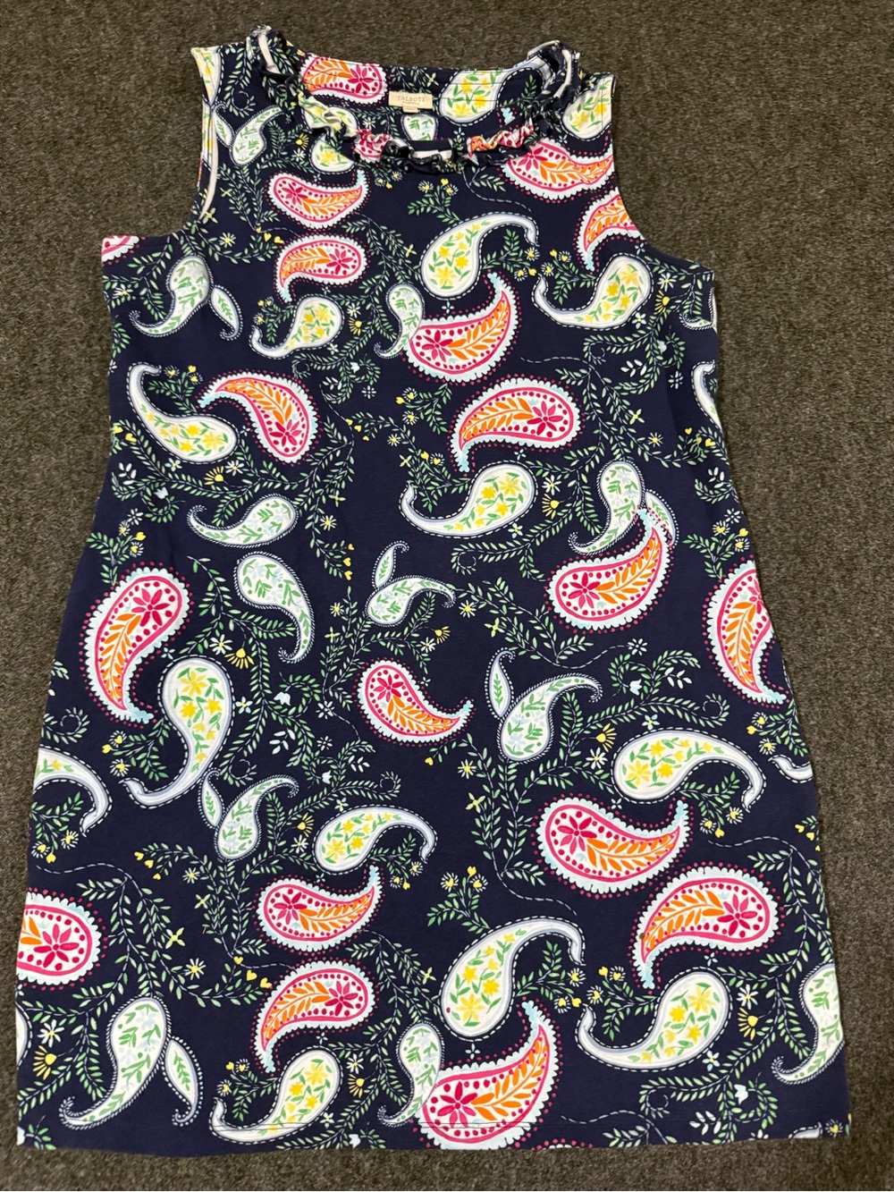 Talbots Navy Paisley Sleeveless A-Line Dress with pleat neck